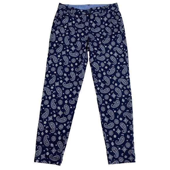 Talbots Womens 2 Pants Navy Blue Paisley The Weekend Chino Cotton Blend Stretch - Picture 1 of 16